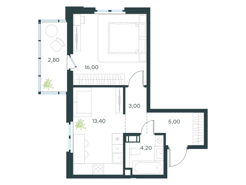 1-комн. 43.3 м²