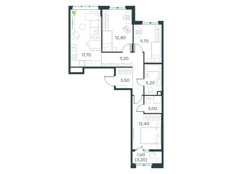 3-комн. 75.1 м²