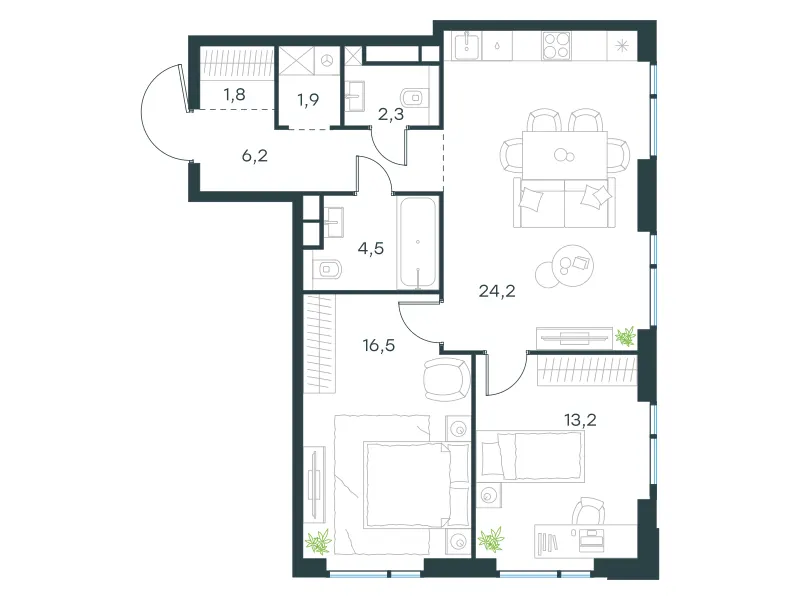 2-комн. 70.6 м²