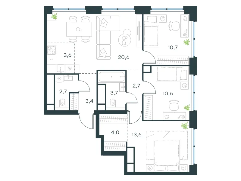 4-комн. 75.6 м²