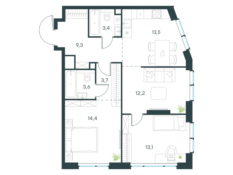 3-комн. 73.6 м²