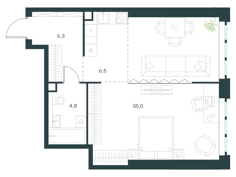 1-комн. 52.6 м²