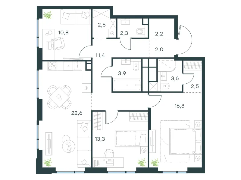 3-комн. 94 м²