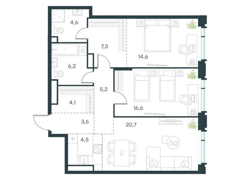 3-комн. 87.4 м²