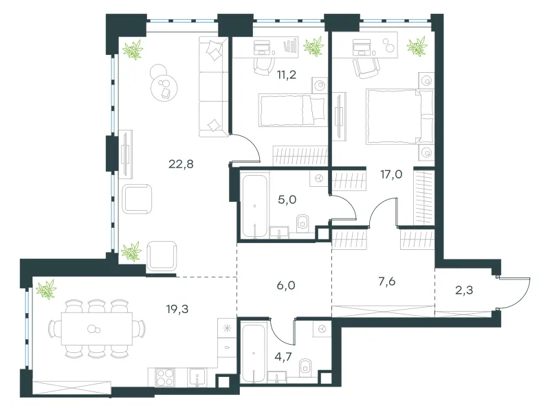3-комн. 95.9 м²