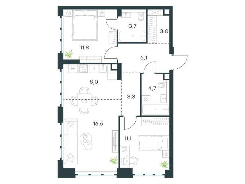 3-комн. 68.3 м²