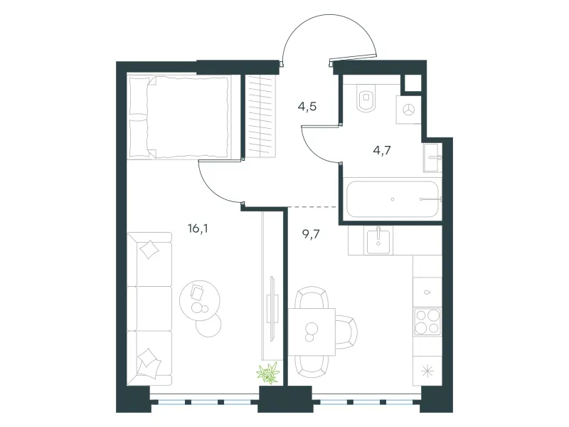 1-комн. 35 м²