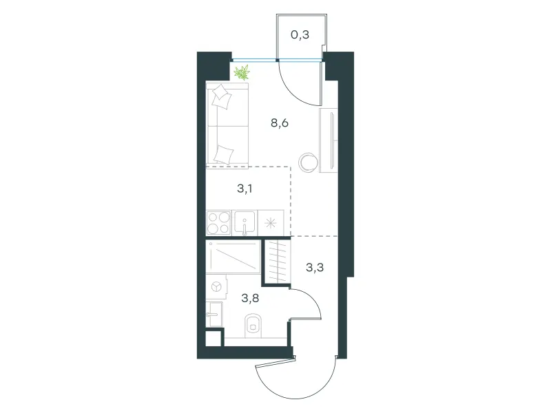 Студия 19.1 м²