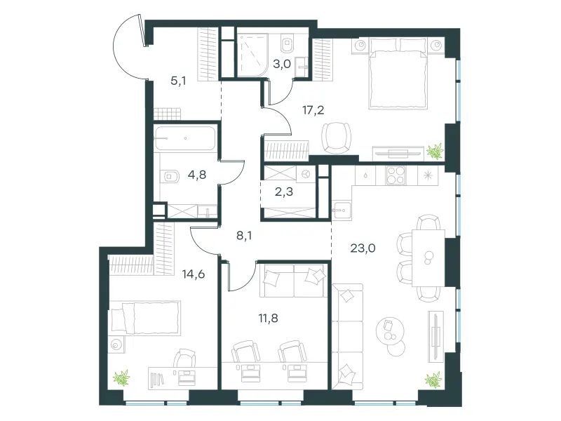3-комн. 89.9 м²