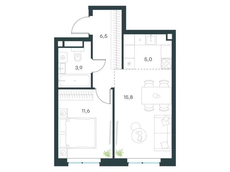 2-комн. 42.8 м²
