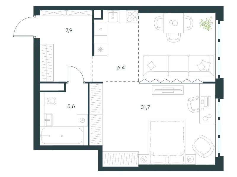 1-комн. 51.6 м²