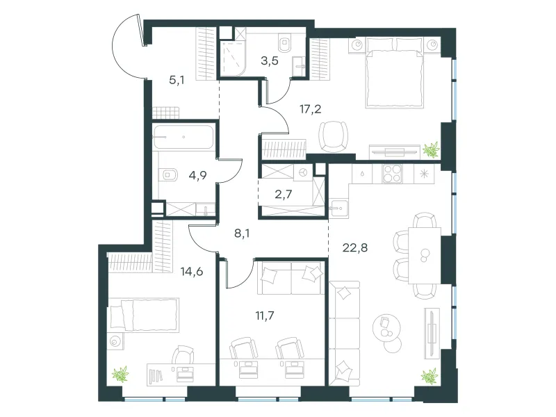 3-комн. 90.6 м²