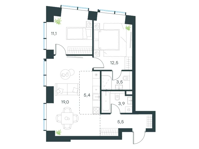 3-комн. 60.9 м²