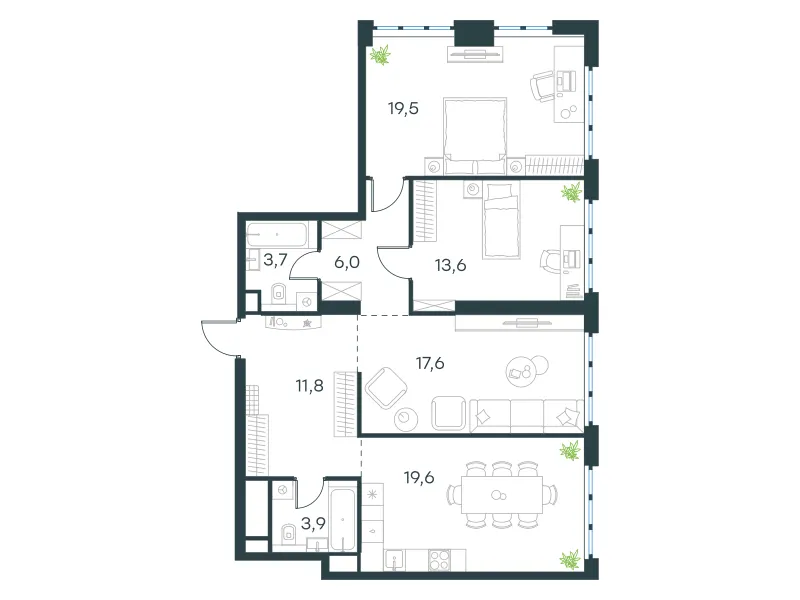 3-комн. 95.7 м²