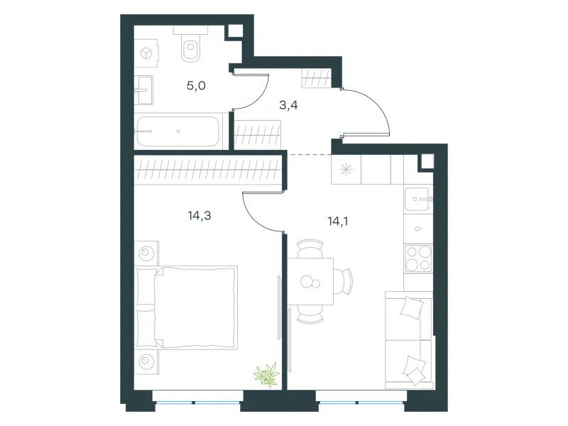 1-комн. 36.8 м²