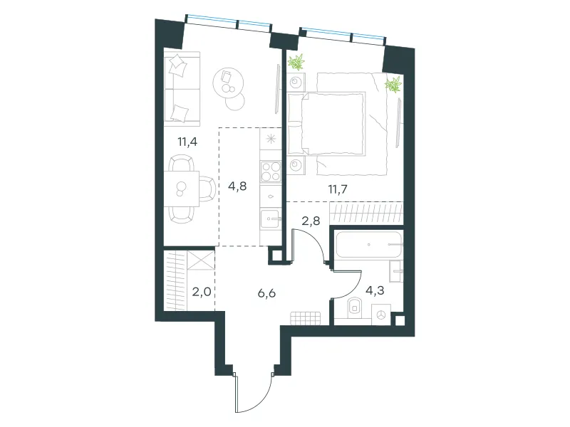 2-комн. 43.6 м²
