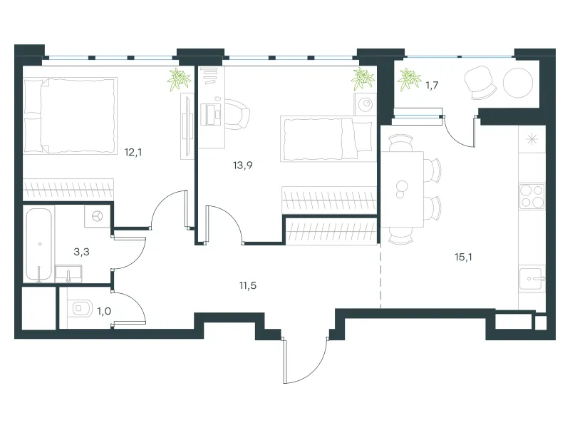 2-комн. 58.6 м²