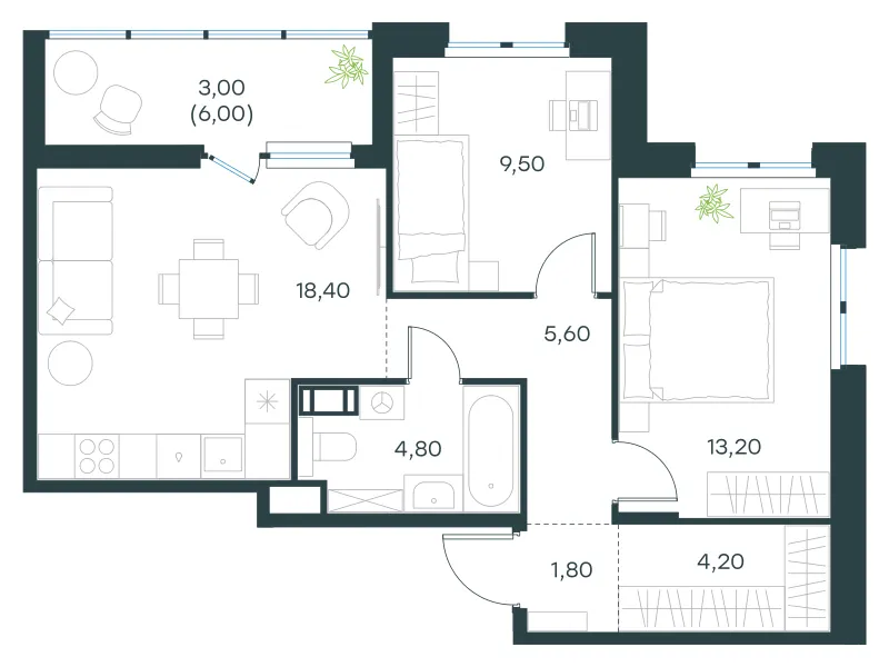 2-комн. 60.5 м²