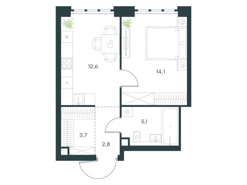 1-комн. 38.3 м²