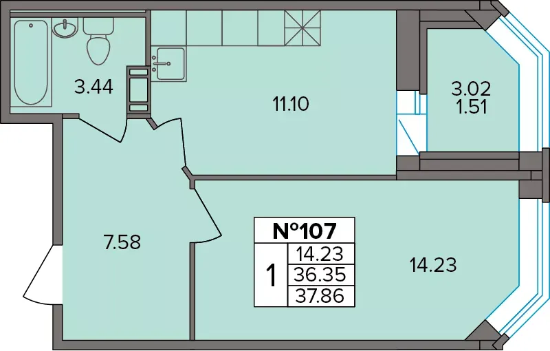 1-комн. 37.4 м²
