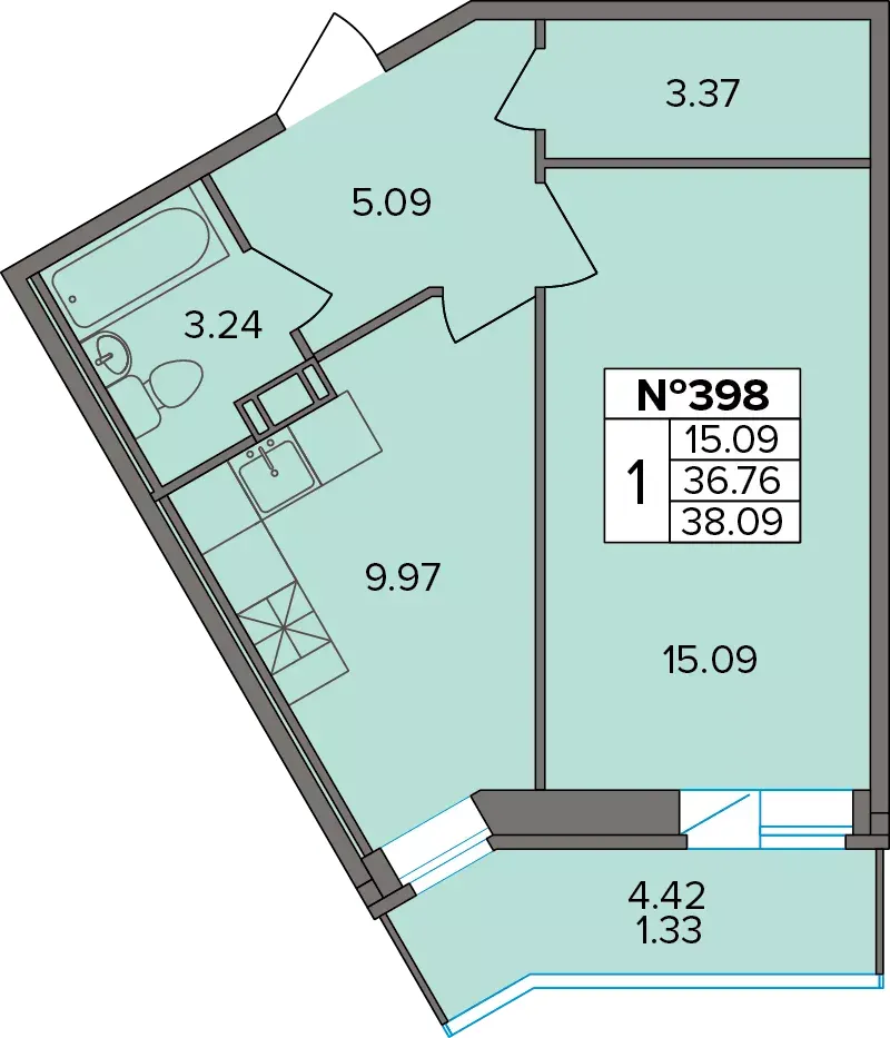 1-комн. 38 м²