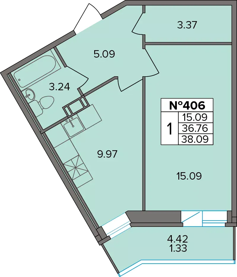 1-комн. 38.1 м²