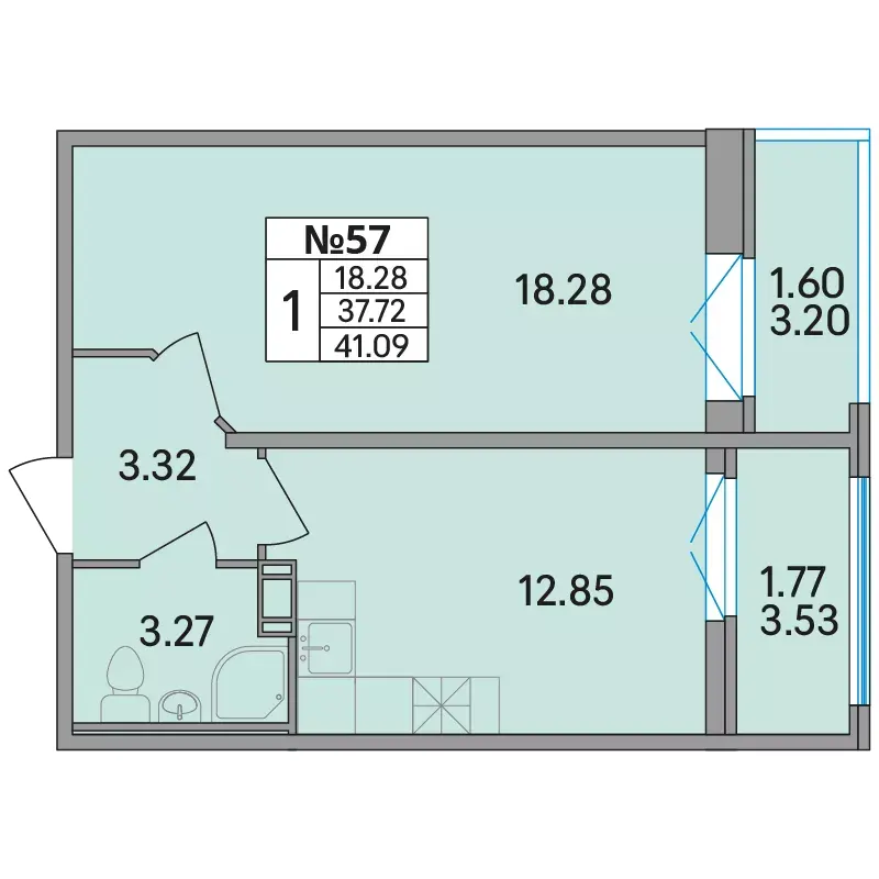 1-комн. 42 м²
