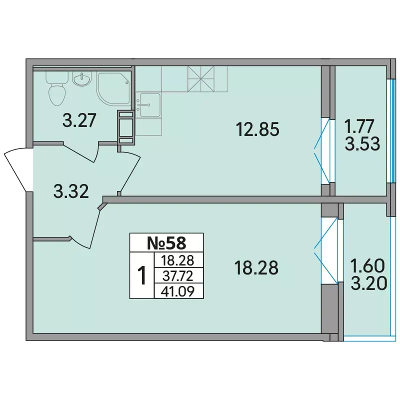 1-комн. 42.2 м²
