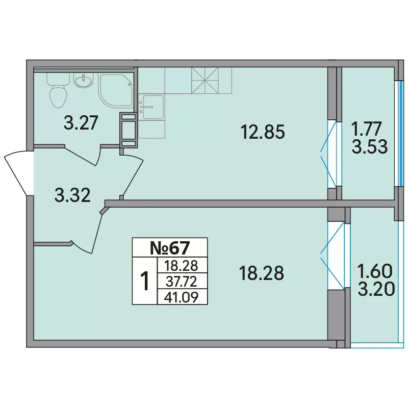 1-комн. 42.1 м²