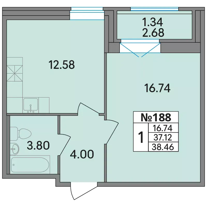 1-комн. 38.7 м²