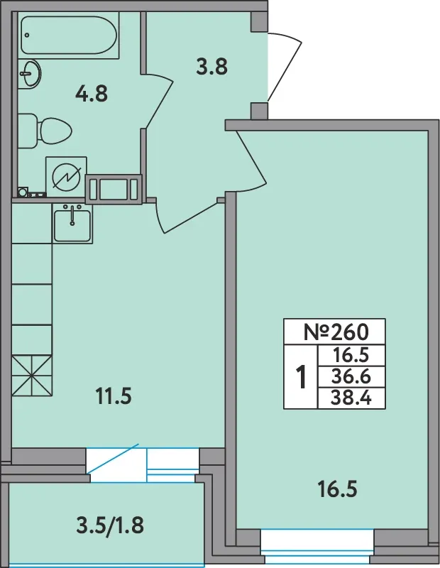 1-комн. 38.4 м²