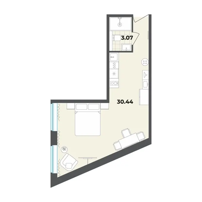 Студия 33.5 м²