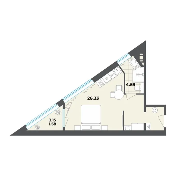 Студия 32.6 м²