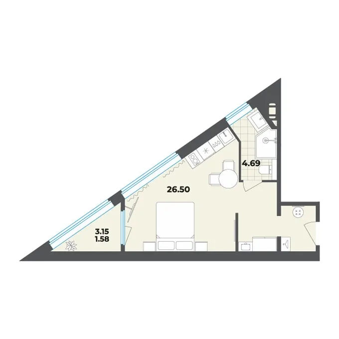 Студия 32.8 м²