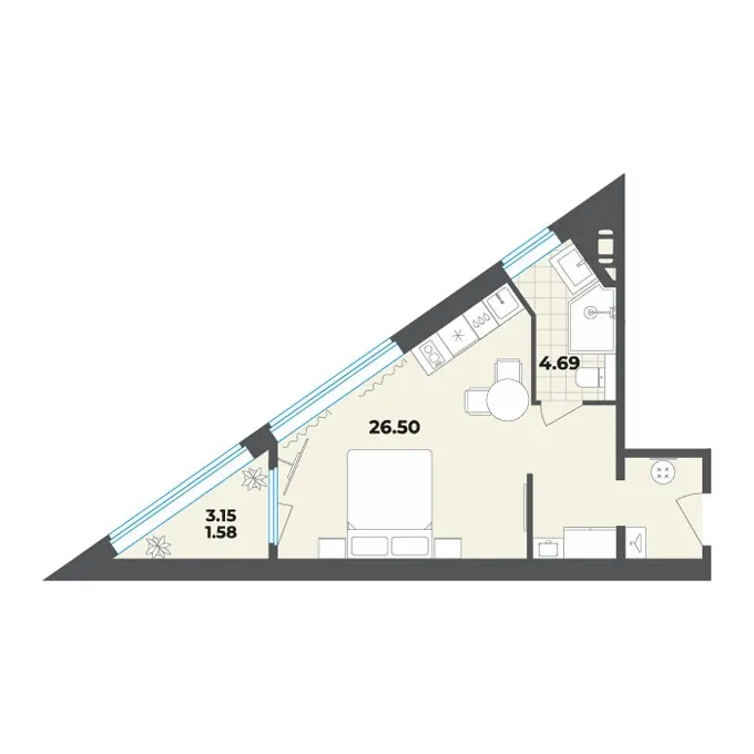 Студия 32.8 м²