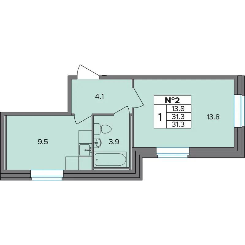 1-комн. 31.3 м²
