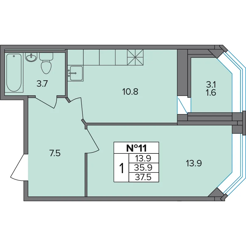 1-комн. 37.5 м²