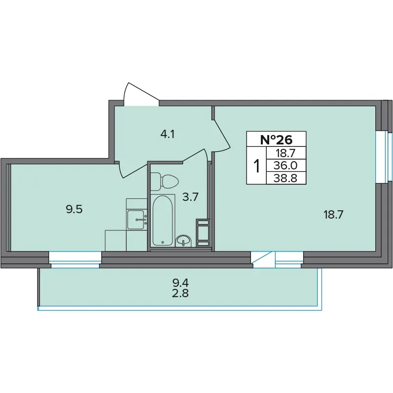 1-комн. 38.8 м²