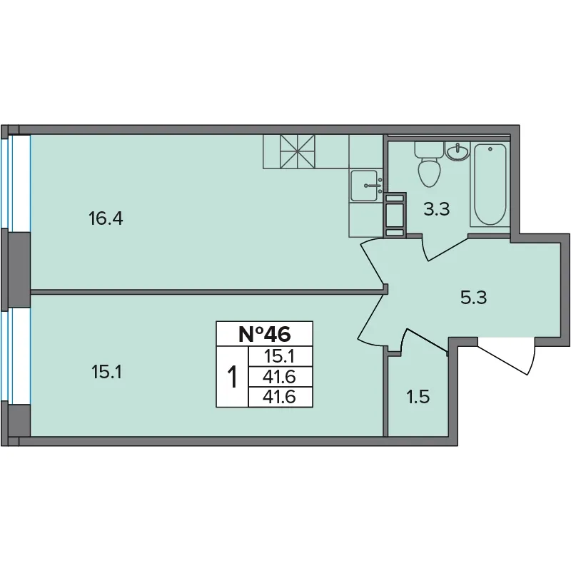 1-комн. 41.6 м²