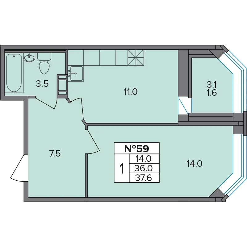 1-комн. 37.6 м²