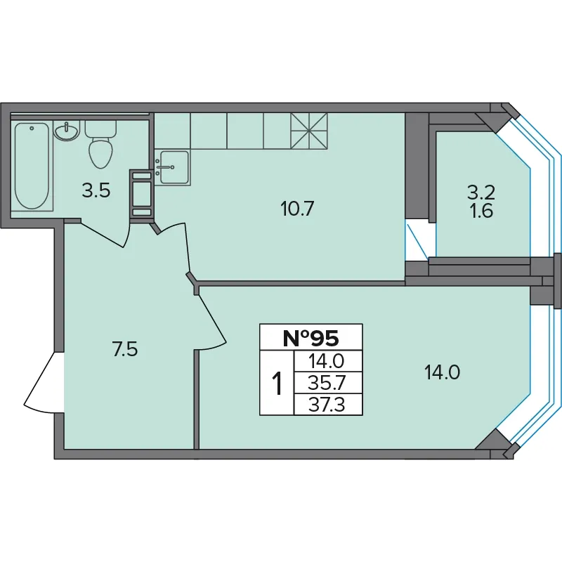 1-комн. 37.3 м²