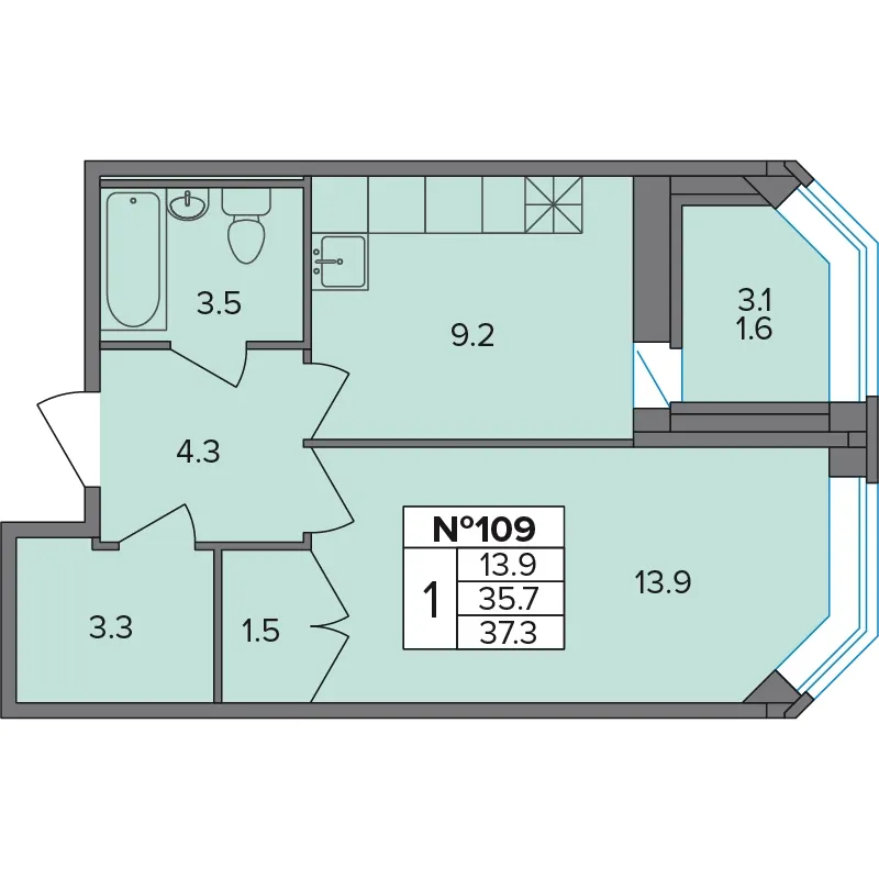 1-комн. 37.3 м²