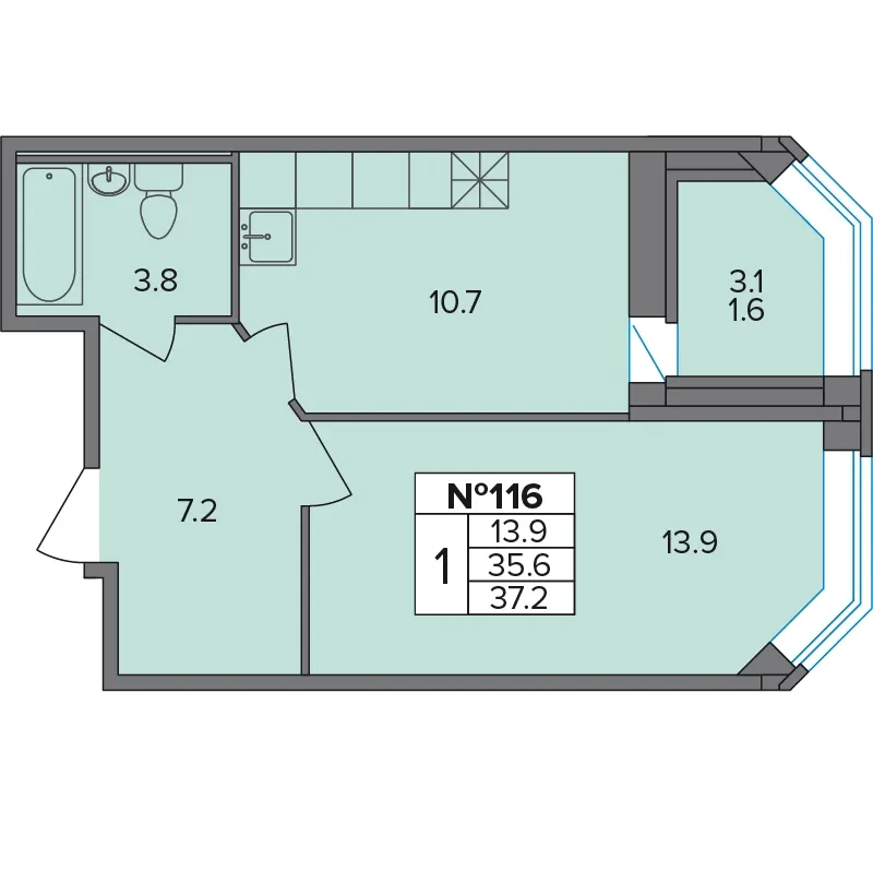 1-комн. 37.2 м²