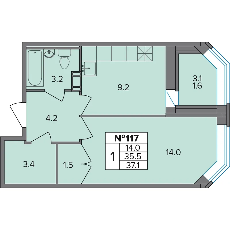1-комн. 37.1 м²