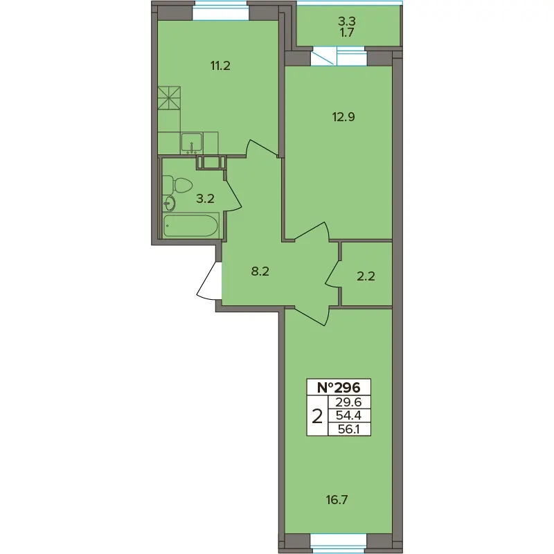 2-комн. 56.1 м²