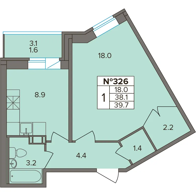 1-комн. 39.7 м²