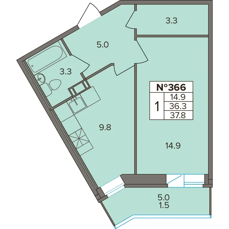 1-комн. 37.8 м²