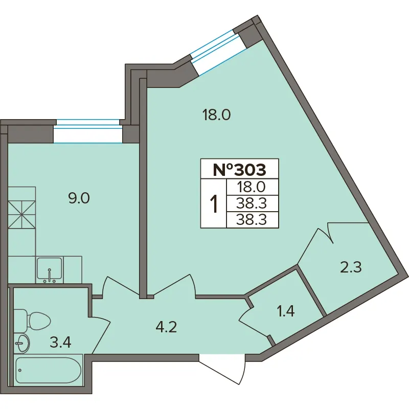 1-комн. 38.3 м²