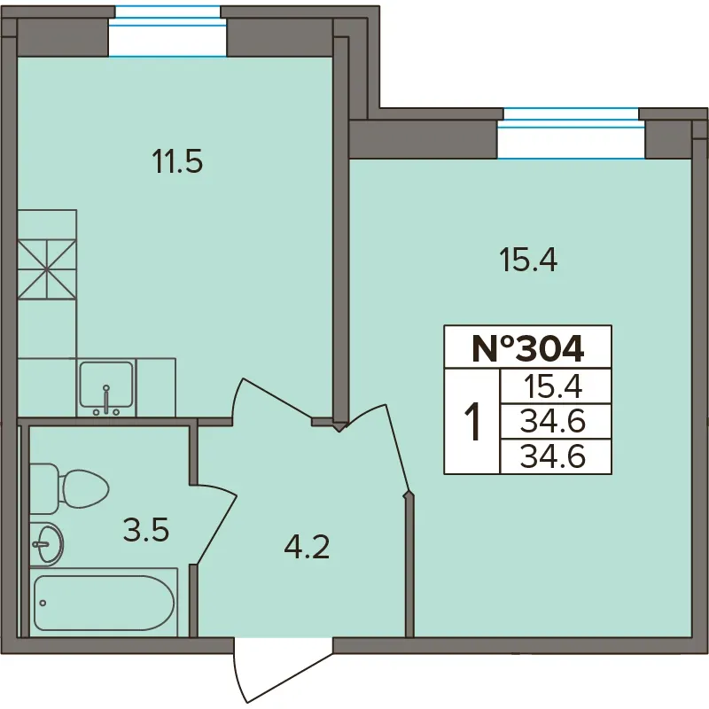1-комн. 34.6 м²