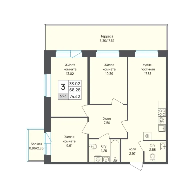 3-комн. 74.4 м²